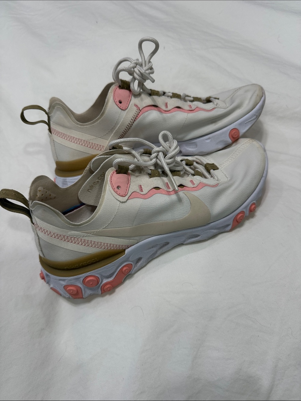 Nike Women’s React Element 55 “Phantom” White & Pink Sneakers with Tan Accents